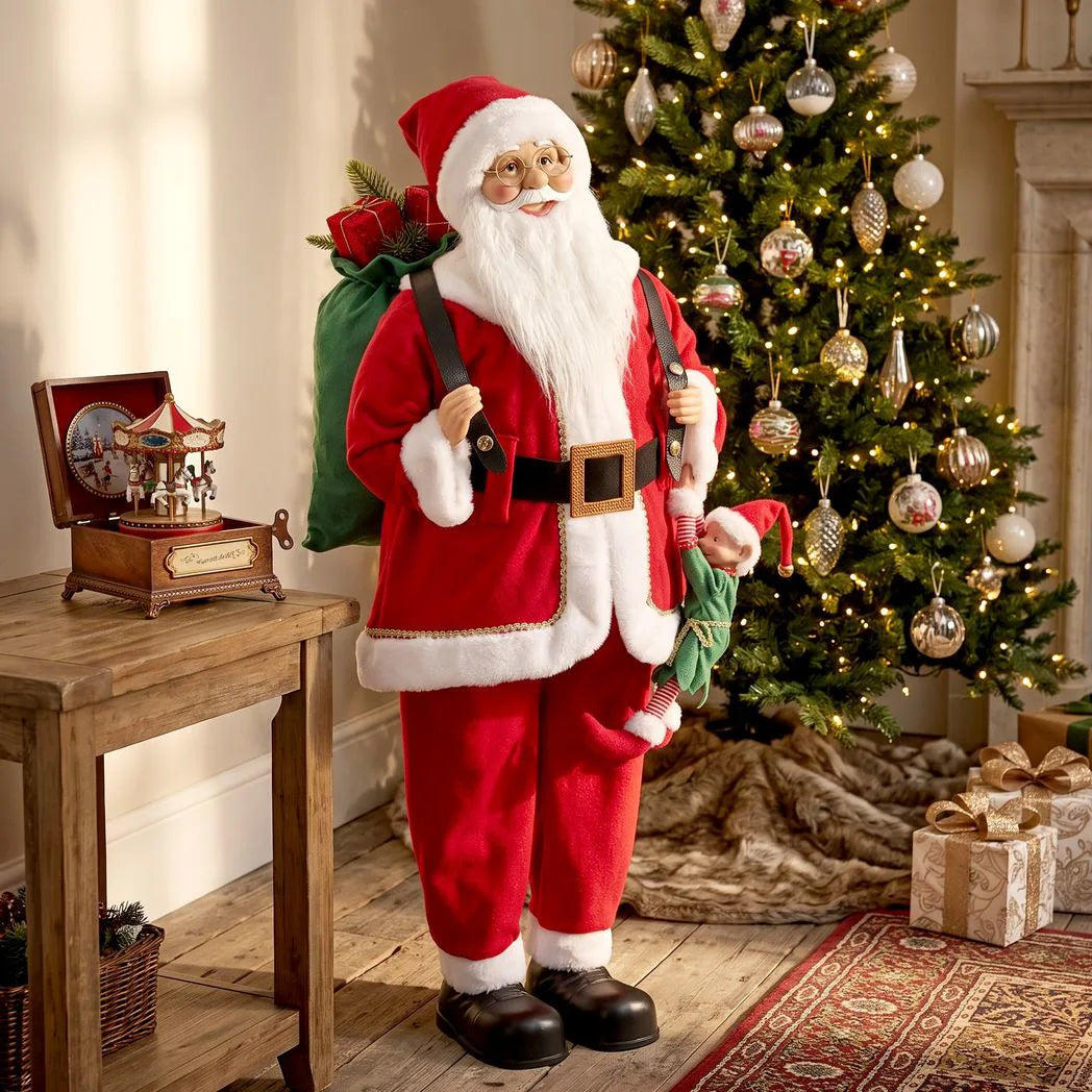 HOMCOM 4ft Singing Dancing Santa Claus with Sack and Hanging Elf – Animated Christmas Figure, Sound and Touch Activated