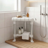HOMCOM Corner Shower Stool with Storage Shelf, Aluminium Frame and HDPE Seat – Height Adjustable Chair, White