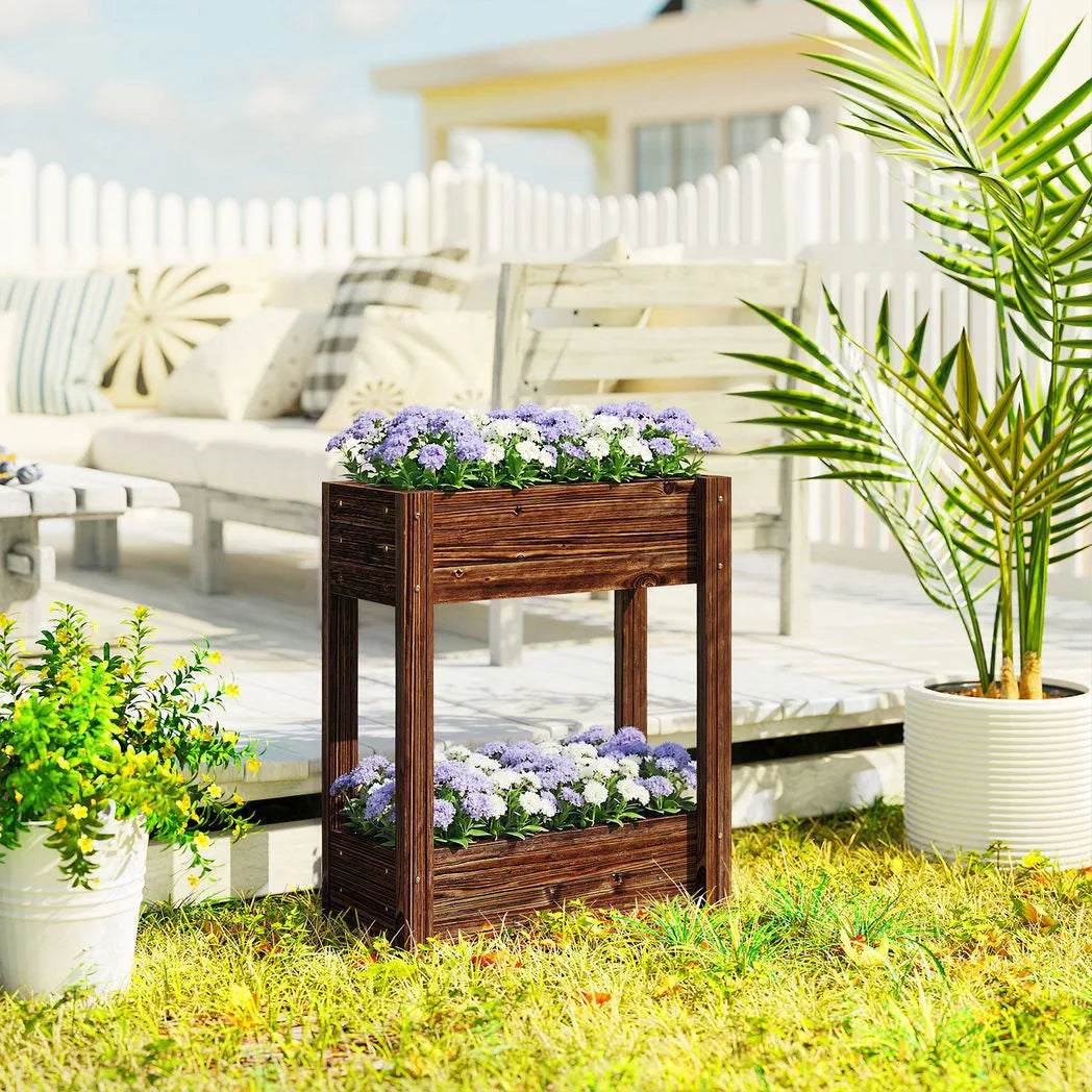Outsunny 2-Tier Wooden Raised Planter – Elevated Garden Bed on Legs with Liner and Drainage Holes, 70cm
