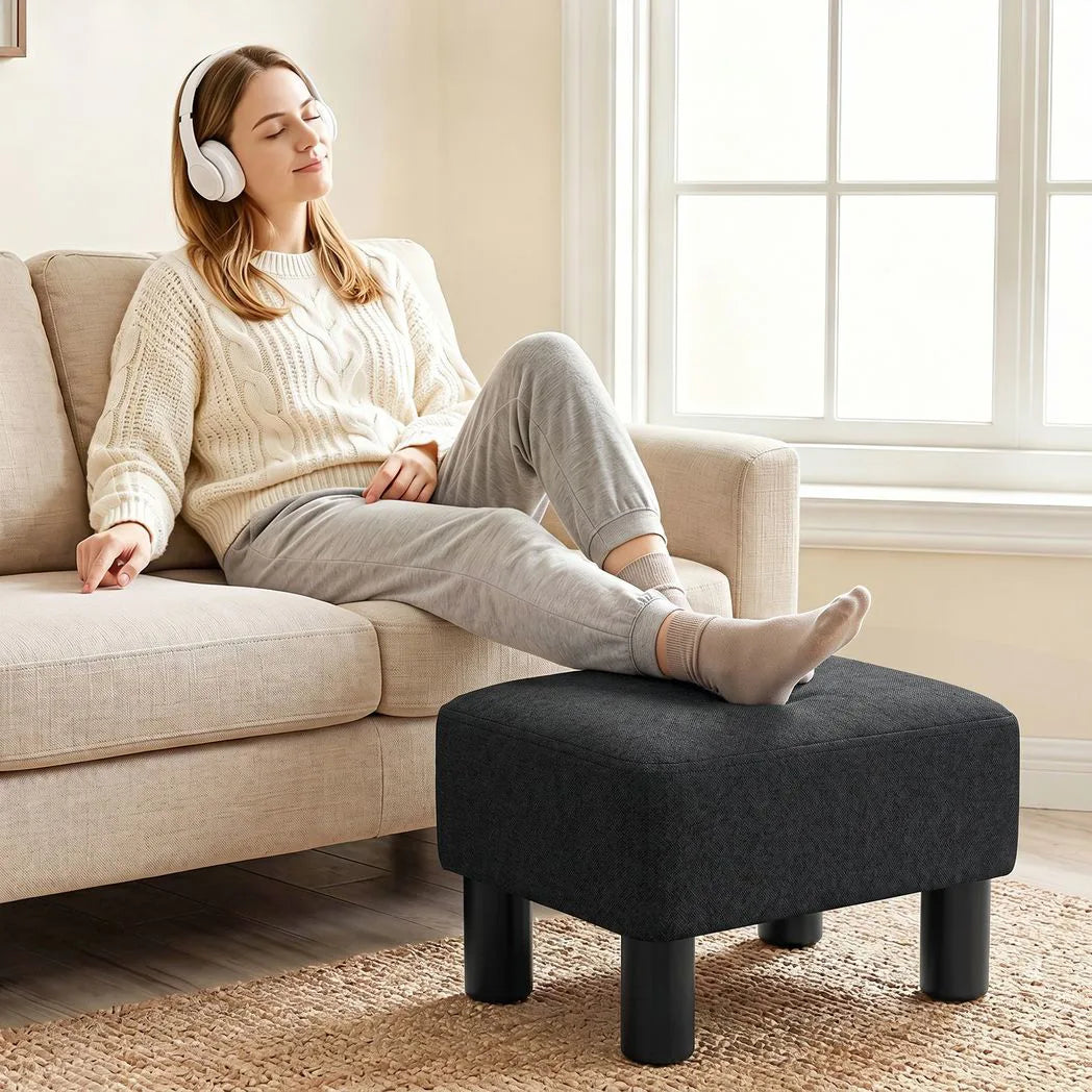HOMCOM Linen Fabric Footstool Ottoman Cube with 4 Plastic Legs – Padded Bedroom Stool, Black