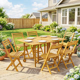 Outsunny 7-Piece Garden Dining Set, Extending Table & 6 Folding Chairs – Acacia Wood, Umbrella Hole
