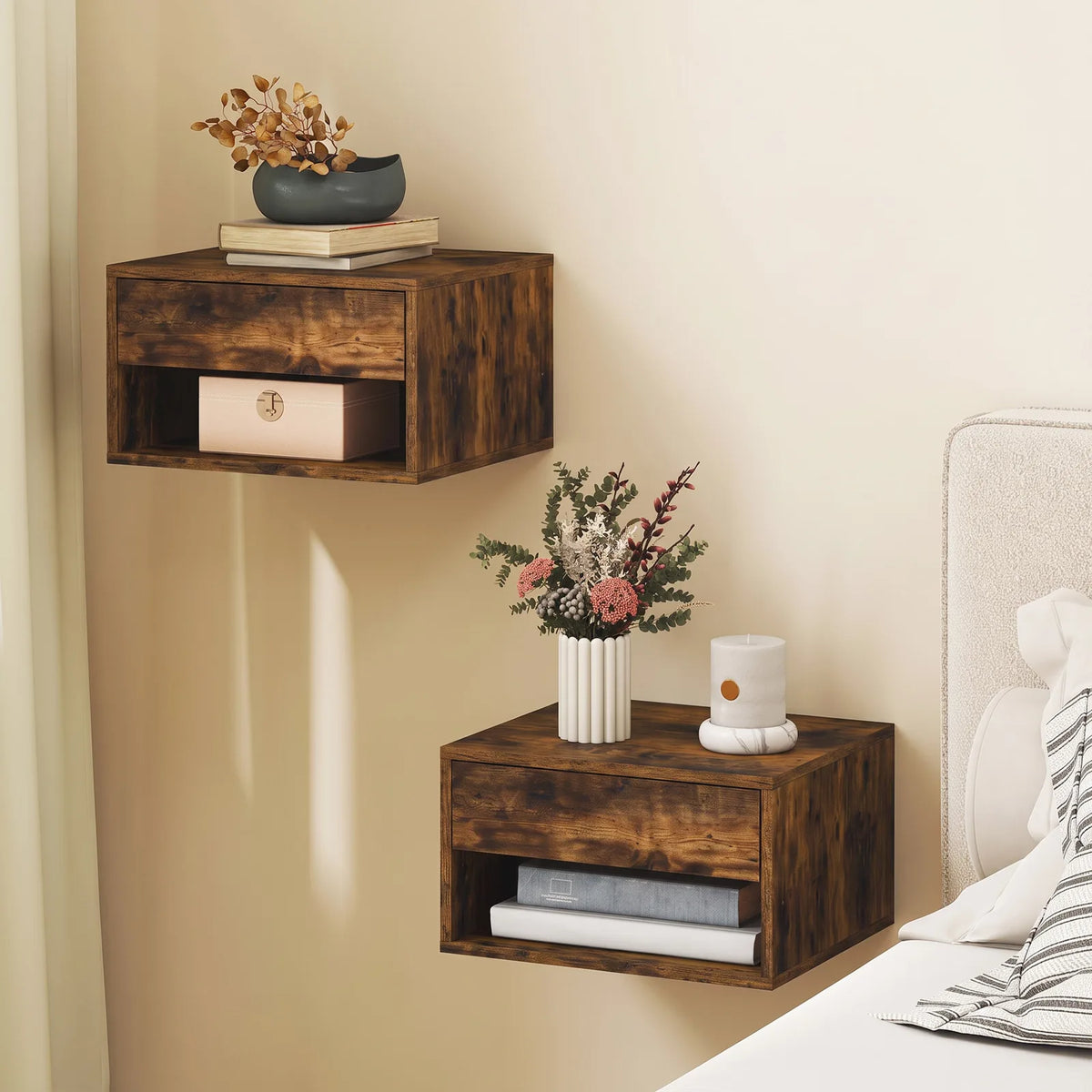 HOMCOM Set of 2 Floating Bedside Tables with Drawer and Open Shelf – Wall-Mounted Nightstands, Rustic Brown