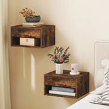 HOMCOM Set of 2 Floating Bedside Tables with Drawer and Open Shelf – Wall-Mounted Nightstands, Rustic Brown