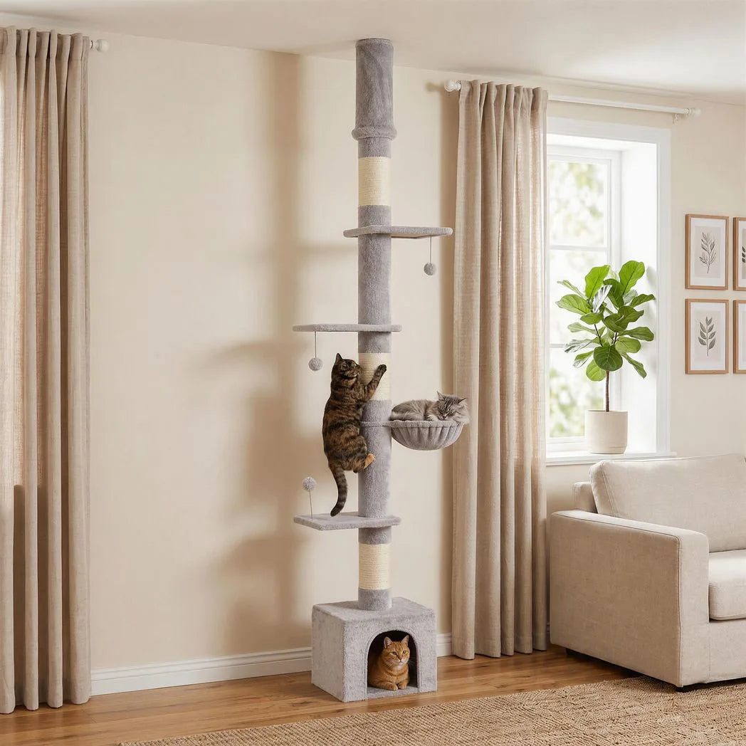 PawHut Floor to Ceiling Cat Tree, 230-250cm Adjustable Six-Level Cat Tower with Hammock, Condo & Sisal Posts