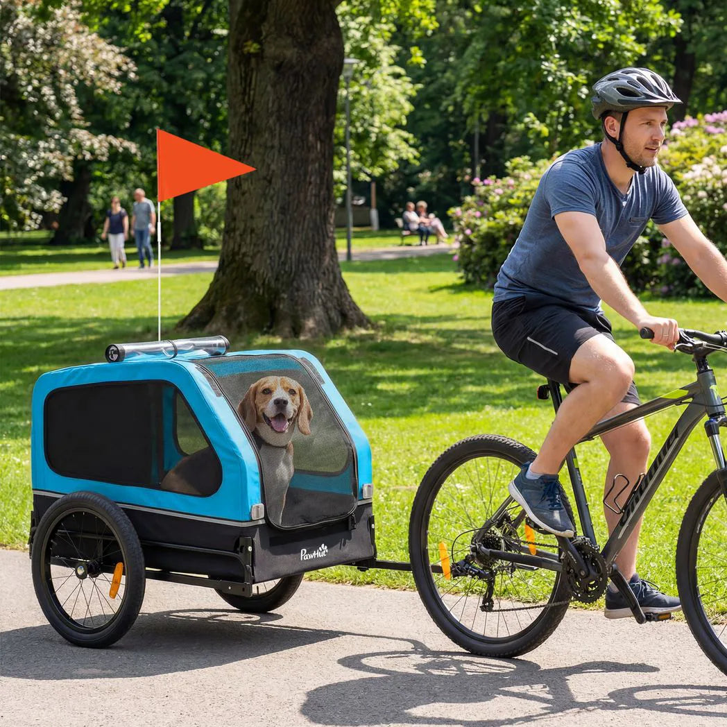 PawHut Dog Bike Trailer with Flip-Down Ramp, Quick Release Frame & Universal Coupler – Blue
