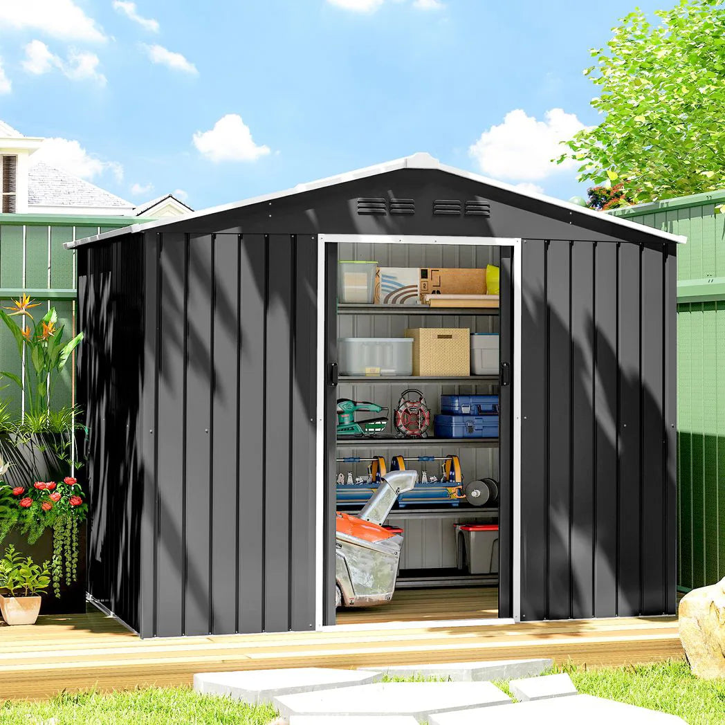 Outsunny 8 x 6ft Galvanised Steel Garden Shed with Lockable Sliding Double Doors and Vents, Dark Grey