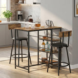 HOMCOM 3-Piece Bar Table and PU Leather Stools Set with Storage Shelves – Breakfast Bar for 2, Rustic Brown
