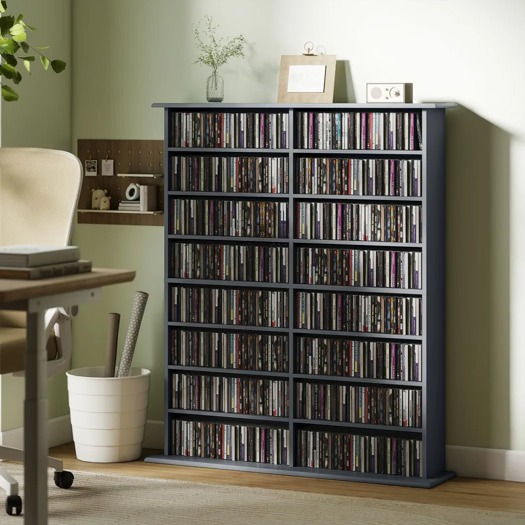 HOMCOM 16-Compartment Media Shelf with 12 Adjustable Shelves, Holds 720 CDs – CD and DVD Tower, Grey