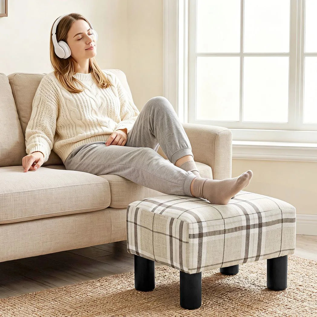 HOMCOM Linen Fabric Footstool Ottoman Cube with Padded Seat and Wooden Frame – Bedroom Stool, Multi-Colour
