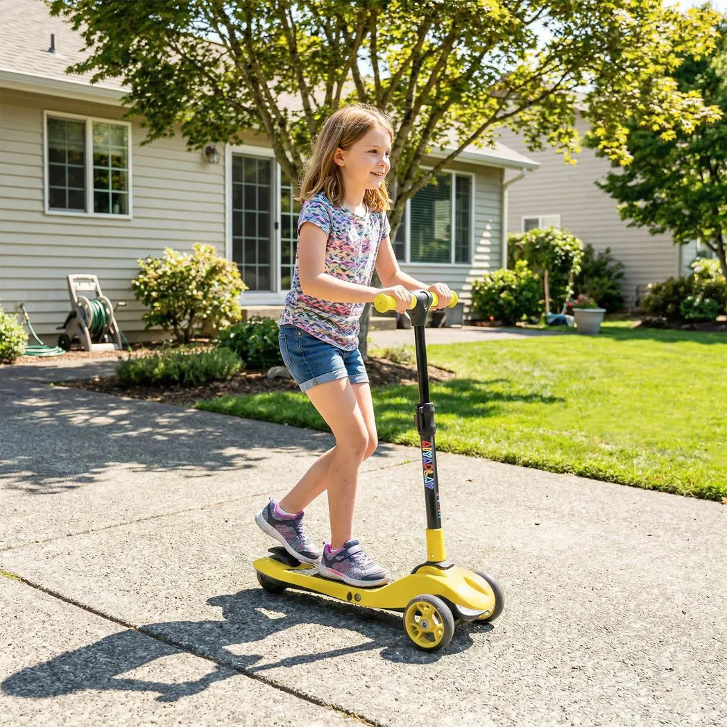 AIYAPLAY Foldable Three-Wheel Electric Scooter with LED Lights, Adjustable Handlebar – Kids Ages 6-10, Yellow