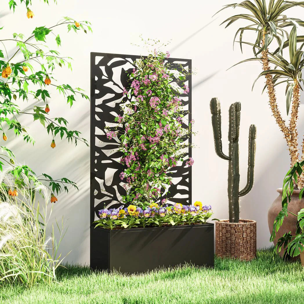 Outsunny Metal Raised Garden Bed with Trellis and Privacy Panel – Wall-Mounted or Freestanding Planter, Black