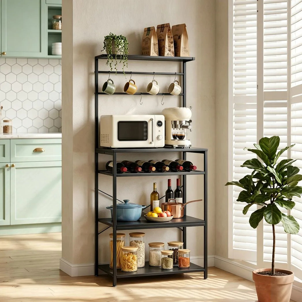 HOMCOM Freestanding Industrial Shelving Unit with 6 Hooks and Wine Rack – Living Room, Home Office Storage, Black