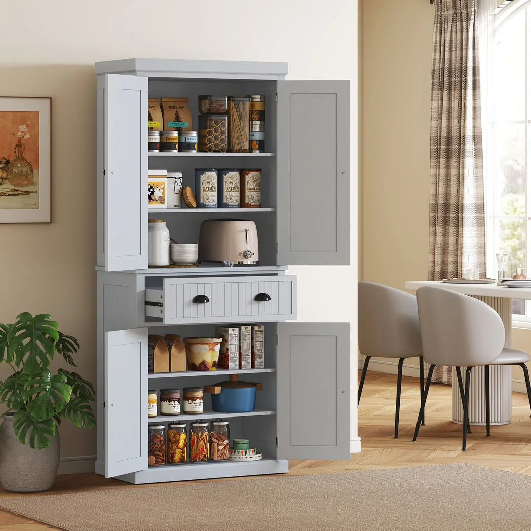HOMCOM Mid-Century Kitchen Cabinet with Sliding Drawer and Adjustable Shelves – Larder Cupboard, Grey