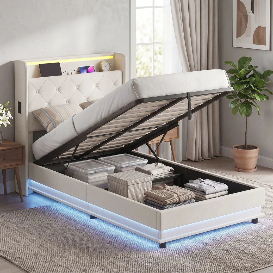 HOMCOM 3ft Single Ottoman Bed Frame with Hydraulic Storage, LED Lights, Charging Station and Headboard – White