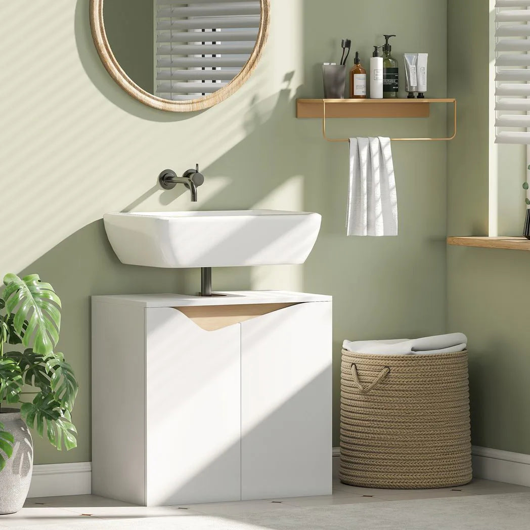 HOMCOM Under Sink Bathroom Cabinet with Soft-Close Doors – U-Shaped Cut-Out for Wall-Mounted Basins, White