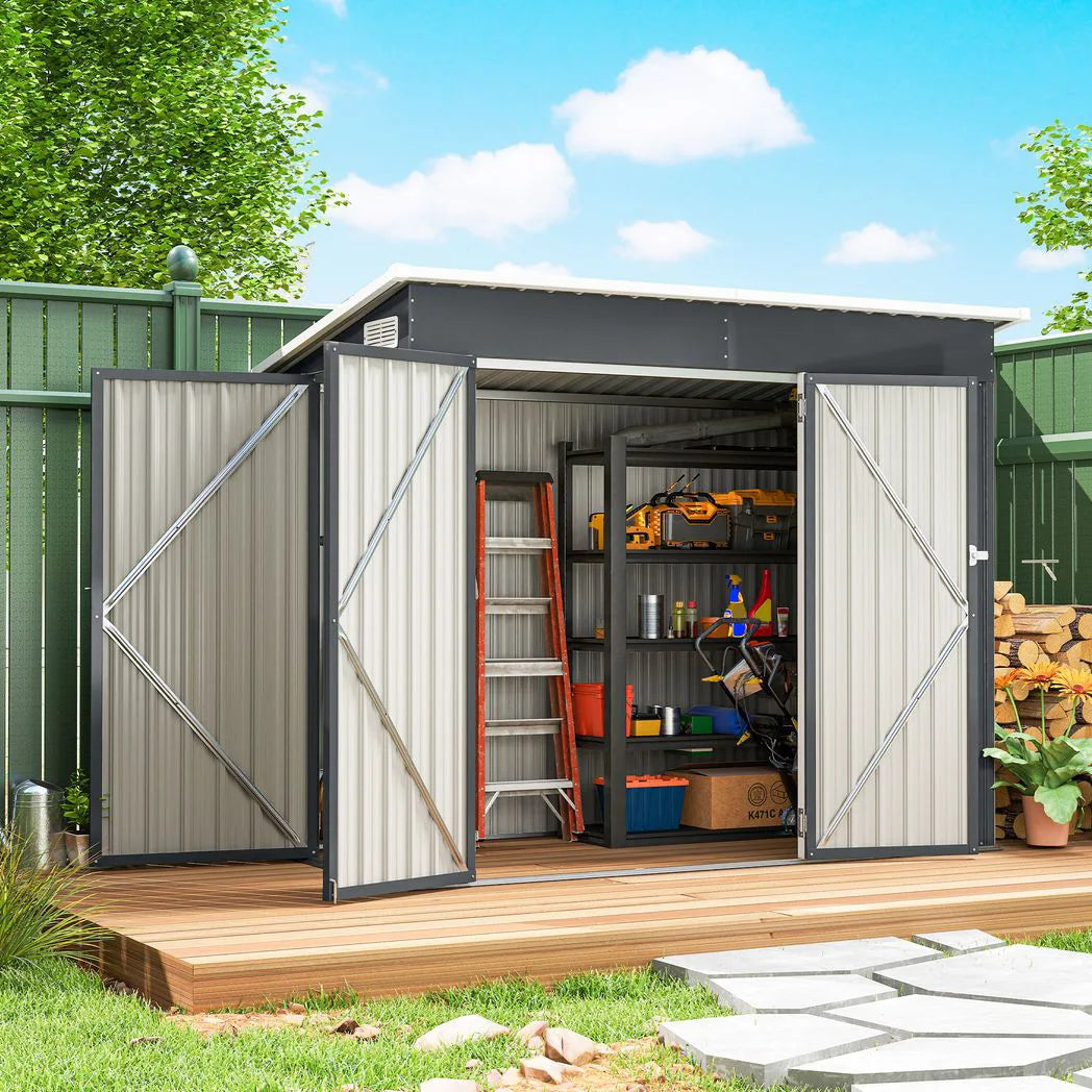 Outsunny 7.5 x 4.3ft Galvanised Metal Garden Shed with 3 Lockable Doors and Vents, Dark Grey