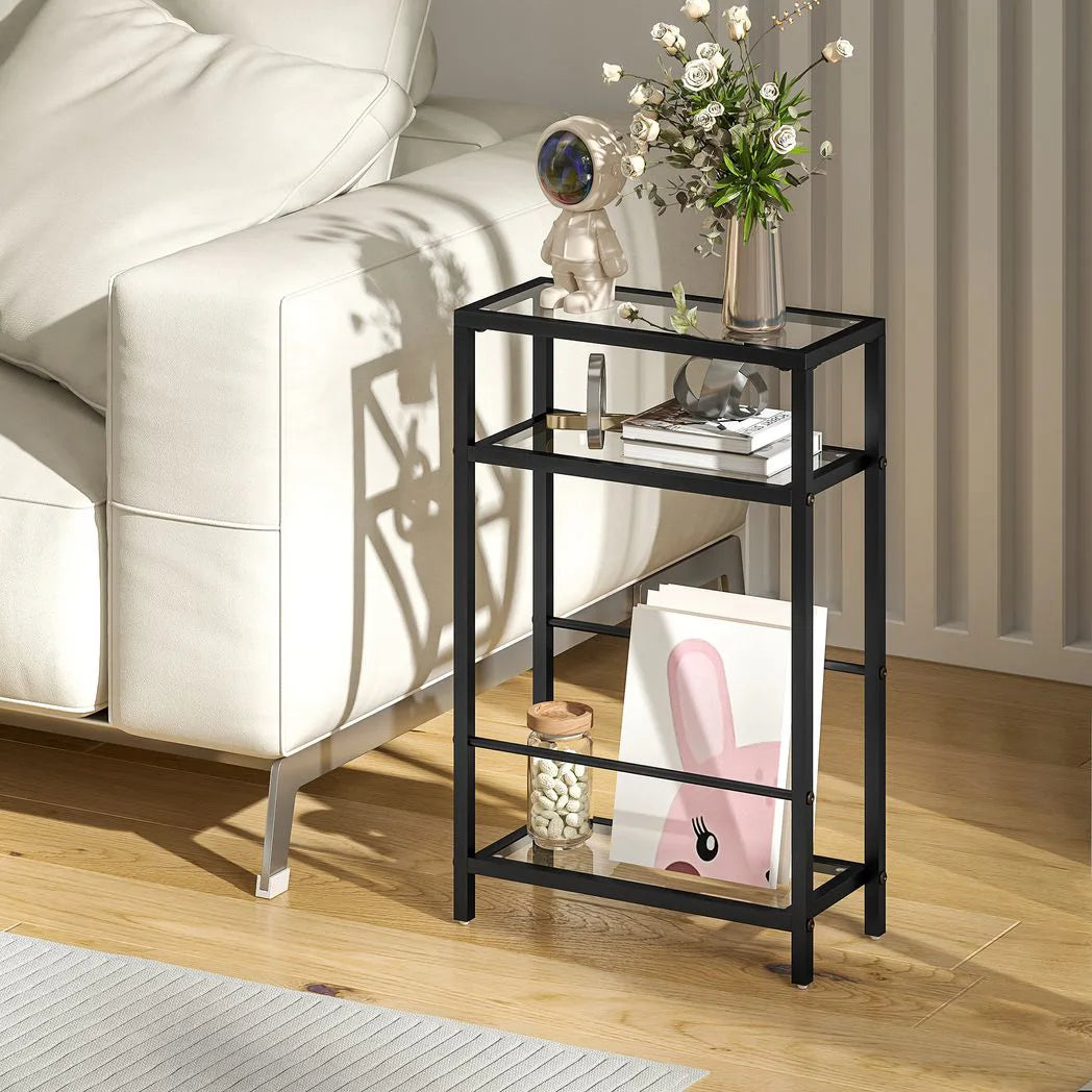 HOMCOM 3-Tier Narrow Side Table with Tempered Glass Shelves – Slim End Table for Small Spaces, Black