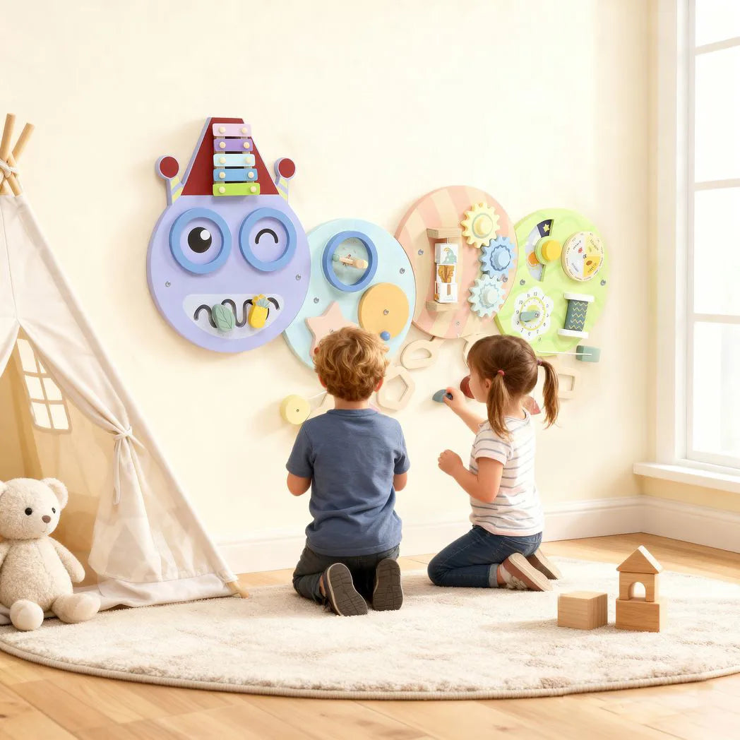 AIYAPLAY Caterpillar Busy Board with 7 Activities – Wall-Mounted Montessori Play for Nursery, Ages 3+