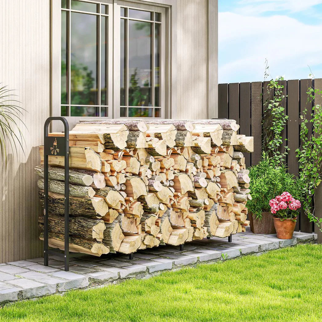Outsunny 6.5ft Heavy Duty Steel Firewood Log Rack with Bonfire Pattern, 300kg Capacity, Black
