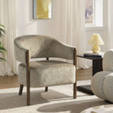 HOMCOM Chenille Tub Accent Chair with Curved Backrest and Solid Wood Frame – Light Brown Bedroom Armchair