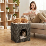 PawHut 2-Tier Wicker Cat House with Cushion – Handwoven Rattan Indoor Cat Bed, Grey
