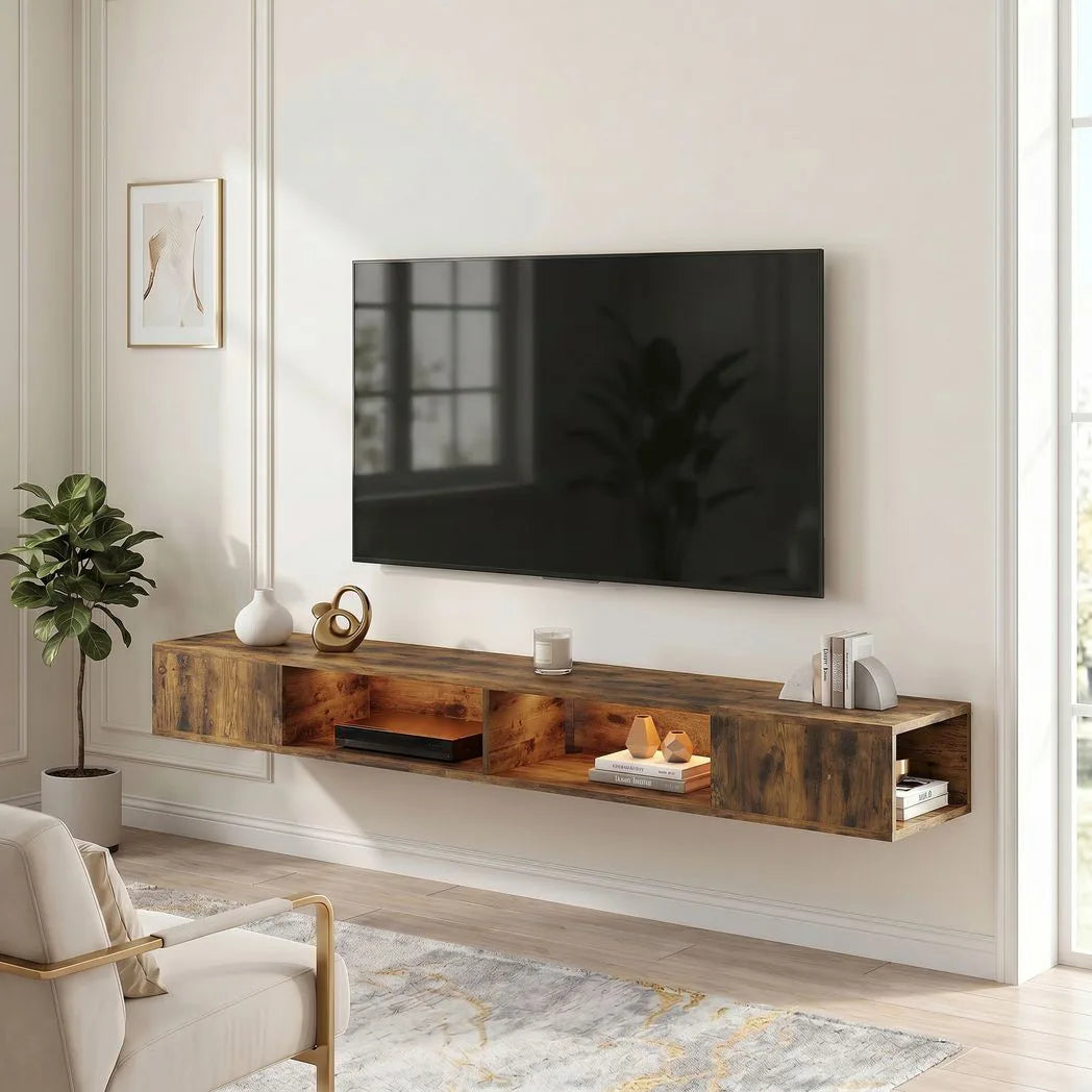 HOMCOM Wall-Mounted TV Stand with RGB LED Lights for TVs up to 75 Inch – Floating Entertainment Unit, Brown