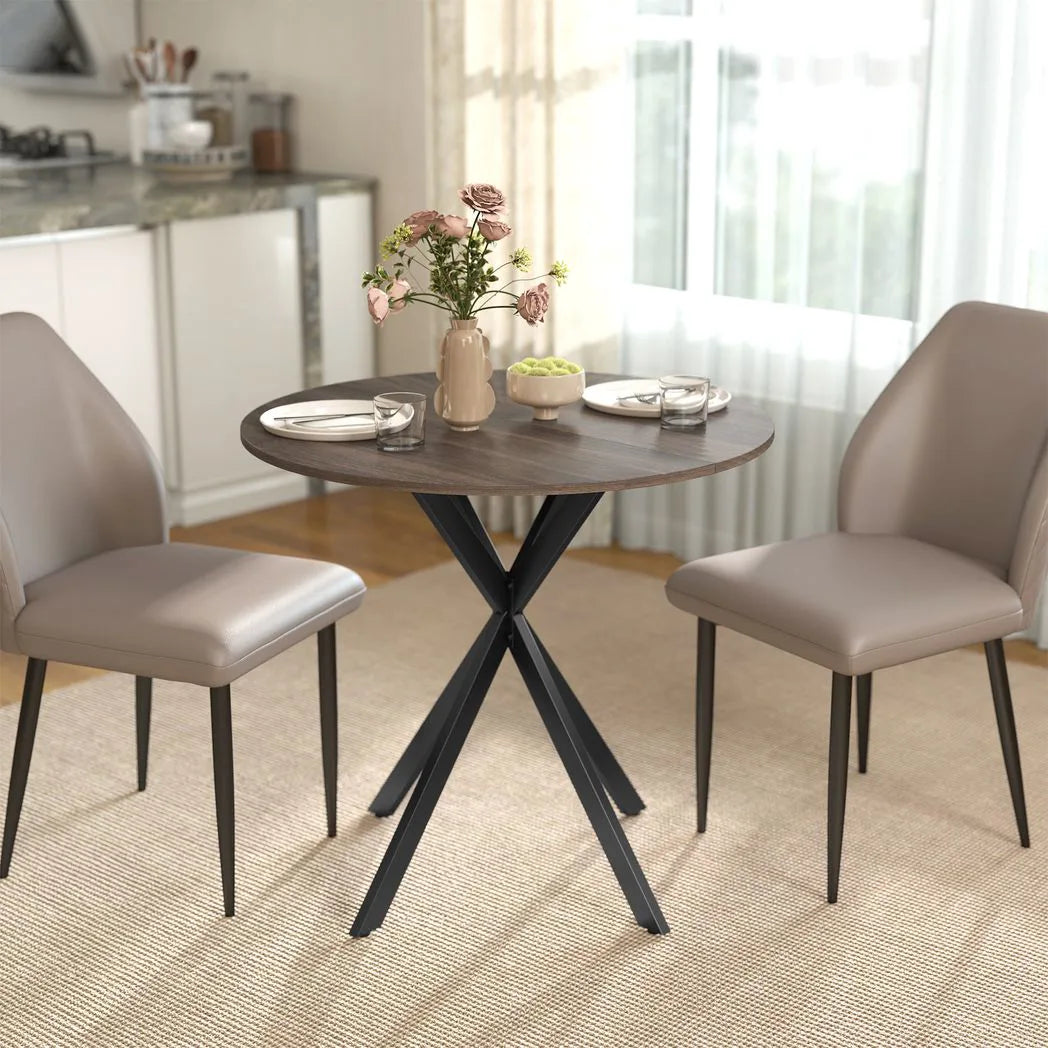 HOMCOM 80cm Industrial Round Dining Table with Steel X-Legs – Wood-Effect Kitchen Table for Two, Brown