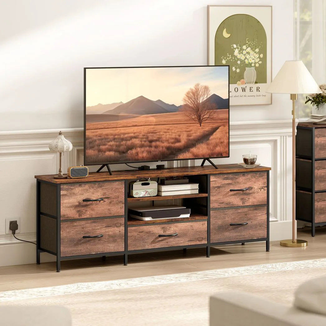 HOMCOM Industrial TV Stand with Charging Hub and 5 Fabric Drawers – Media Unit for 65 Inch TVs, Brown/Grey