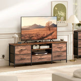 HOMCOM Industrial TV Stand with Charging Hub and 5 Fabric Drawers – Media Unit for 65 Inch TVs, Brown/Grey