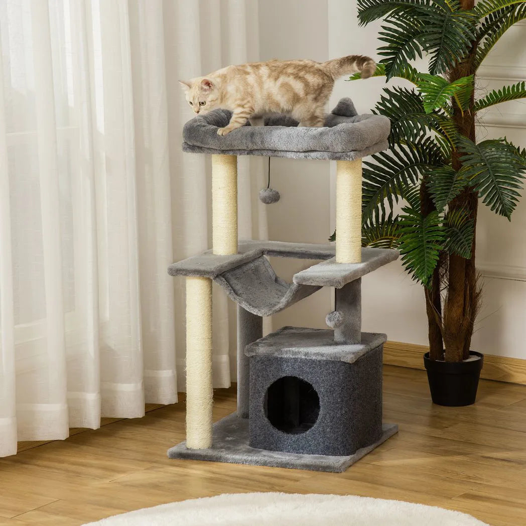 PawHut 90cm Cat Tree with Sisal Posts, Condo, Hammock & 2 Hanging Toys – Indoor Cat Tower, Grey