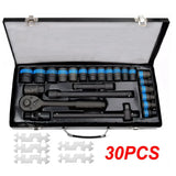 Heavy Duty 1/2 Inch Ratchet Socket Set, 8-32mm Metric with Extension Bars and Metal Case – Garage Tool Kit