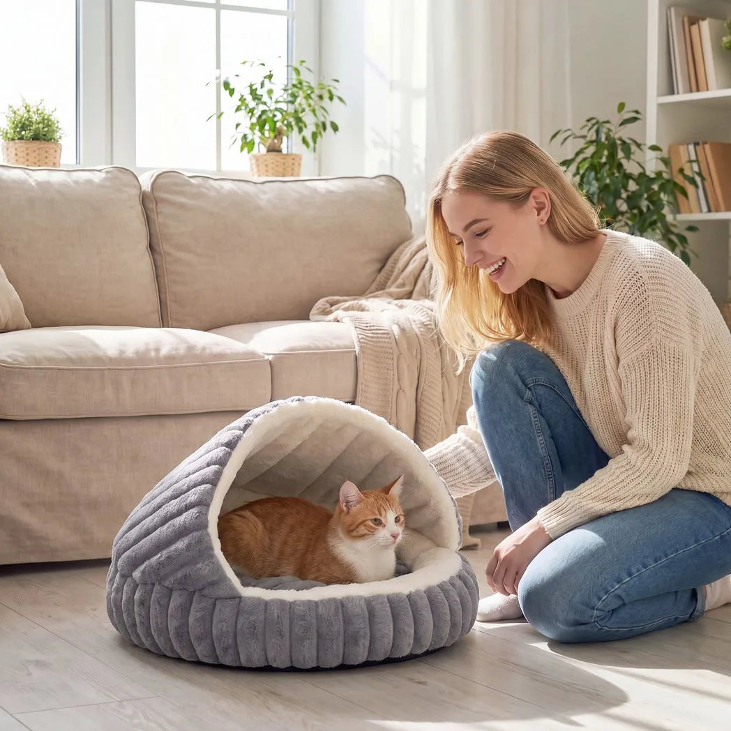PawHut Cat Bed Cave with Non-Slip Base & Washable Cushion – Warm Plush Semi-Enclosed House for Indoor Kittens