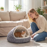 PawHut Cat Bed Cave with Non-Slip Base & Washable Cushion – Warm Plush Semi-Enclosed House for Indoor Kittens