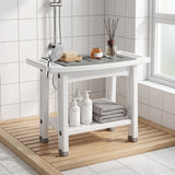 HOMCOM 2-Tier Shower Bench with Shelf, Shower Head Holder & EVA Seat Pad – Bathroom Stool, White and Grey