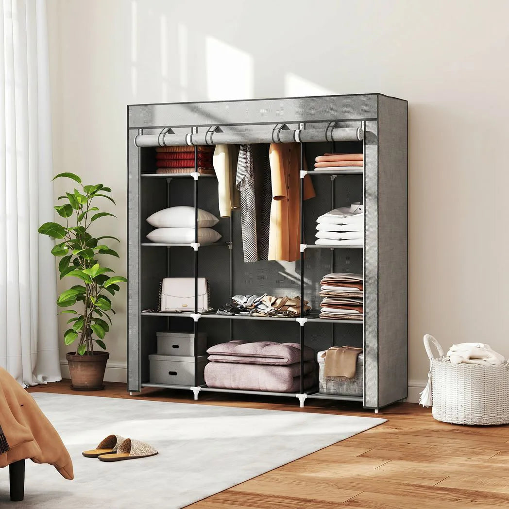 HOMCOM Foldable Wardrobe with 10 Shelves and Hanging Rail – Portable Fabric Clothes Organiser, Light Grey
