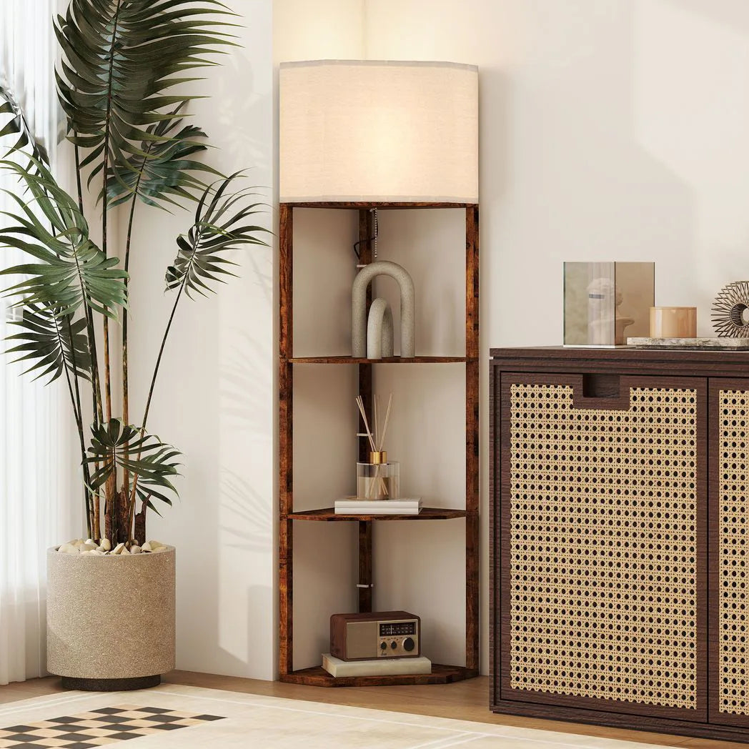 HOMCOM Corner Floor Lamp with 3 Storage Shelves & Pull Chain Switch – Tall Standing Lamp, Rustic Brown