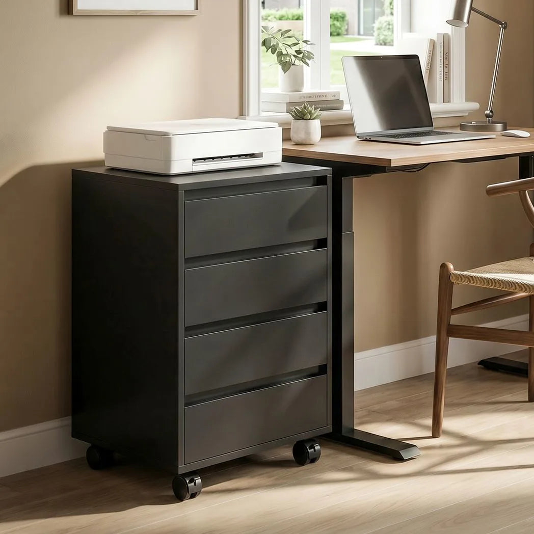 HOMCOM Four-Drawer Office Filing Cabinet with Wheels and Anti-Tipping Straps – Under Desk Storage, Black
