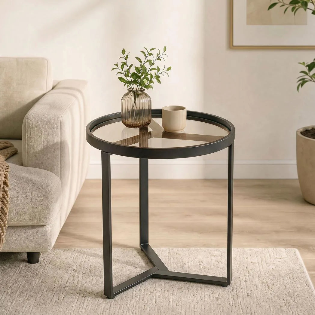 HOMCOM Round Side Table with Tempered Glass Top and Geometric Metal Frame – Compact End Table, Black