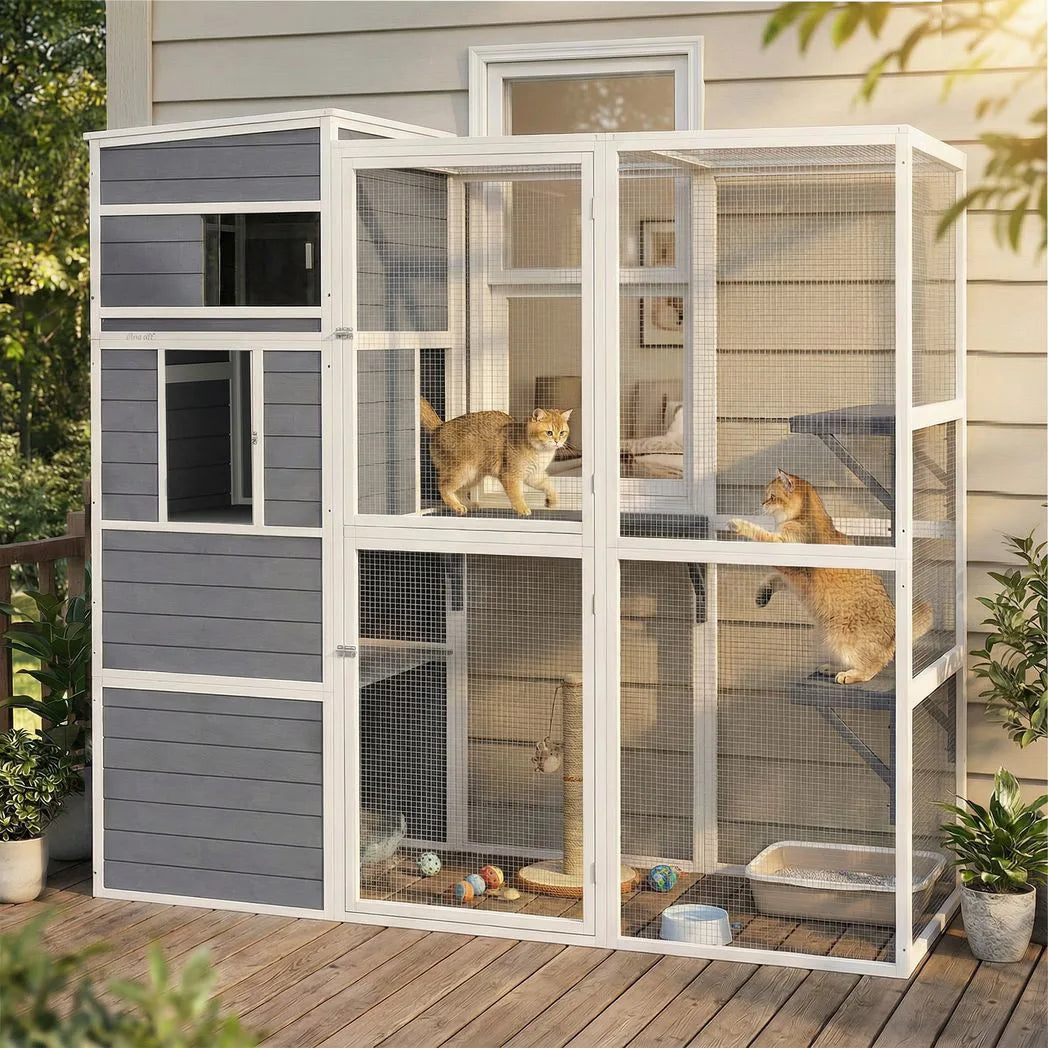 PawHut 4-Tier Wooden Catio Outdoor Cat Enclosure with Sun Roof, Resting Rooms, 3 Platforms & Window, Grey
