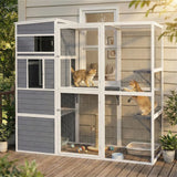 PawHut 4-Tier Wooden Catio Outdoor Cat Enclosure with Sun Roof, Resting Rooms, 3 Platforms & Window, Grey