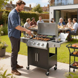 Outsunny 4 Burner Gas BBQ Grill with Side Burner, Lid & Built-in Thermometer – Portable Steel Propane Barbecue on Wheels