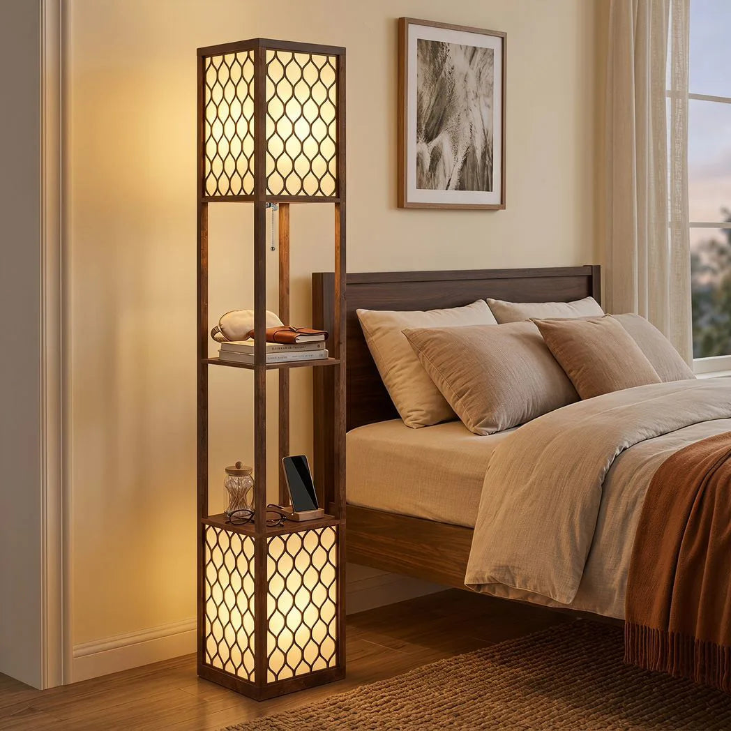 HOMCOM Duo Light Floor Lamp with 2 Storage Shelves – 160cm Standing Lamp and Display Unit, Rustic Brown