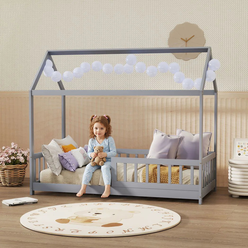 HOMCOM House-Shaped Kids Single Bed Frame with Guard Rails – Solid Pine, Grey
