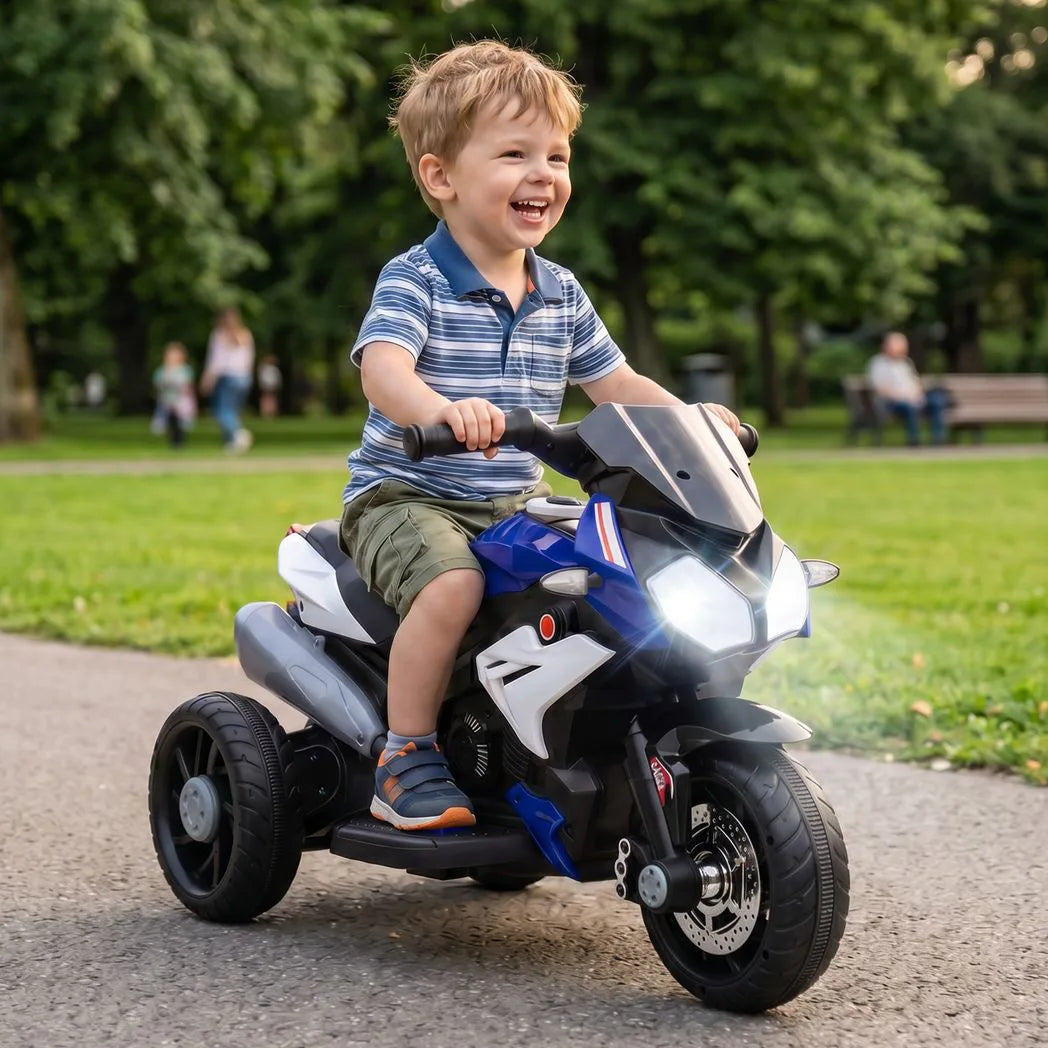 HOMCOM Kids Electric Motorcycle, 6V Three-Wheel Ride-On with LED Headlight, Music & Horn – Ages 3-5, Blue