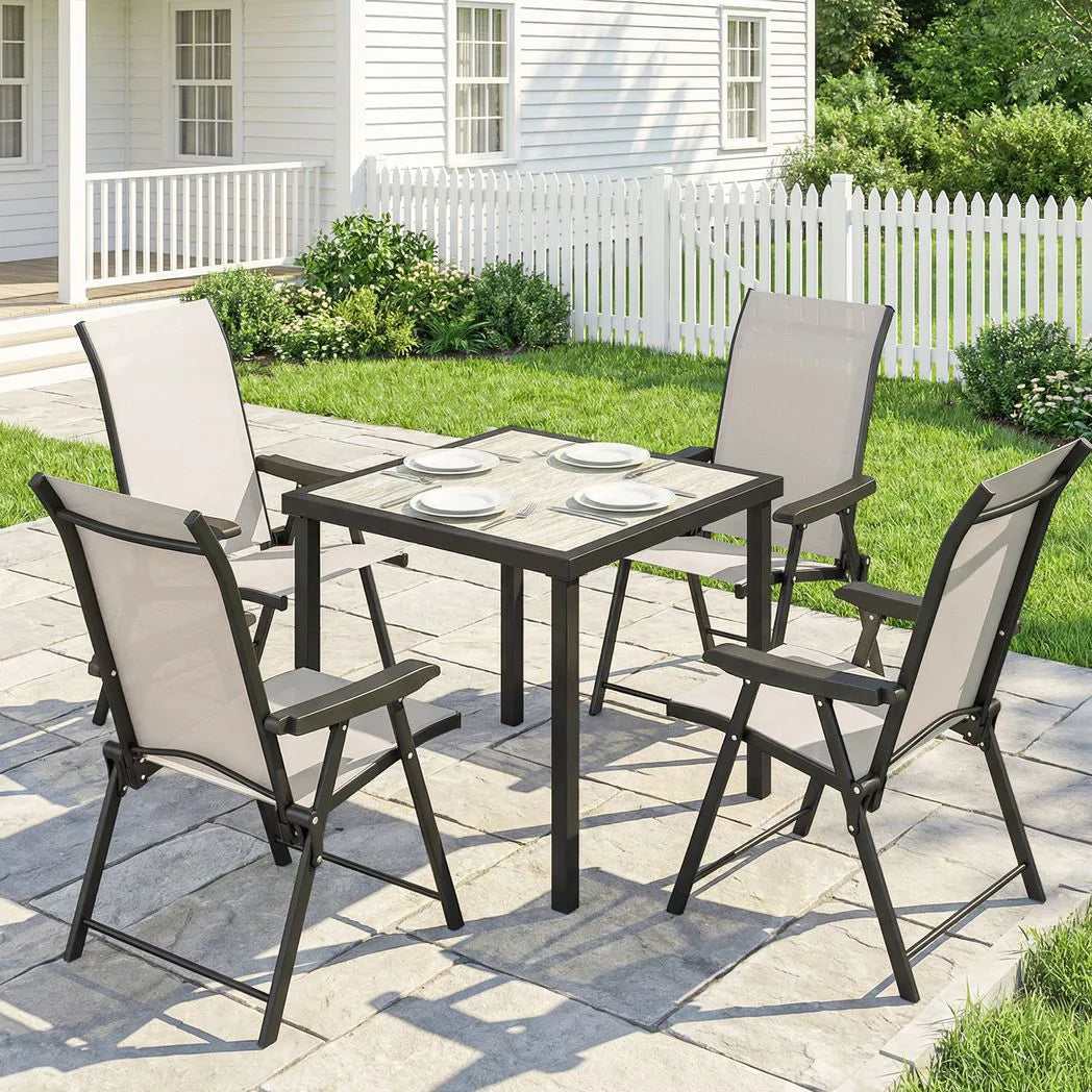 Outsunny 5 Piece Garden Dining Set for 4 – Square Faux Wood Table and Folding Mesh Armchairs, Brown