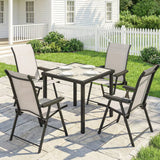 Outsunny 5 Piece Garden Dining Set for 4 – Square Faux Wood Table and Folding Mesh Armchairs, Brown