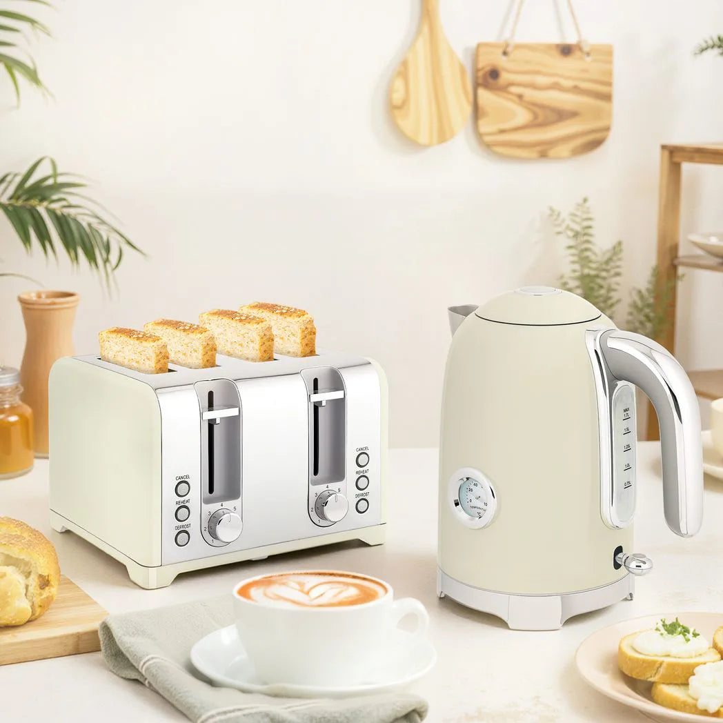 HOMCOM Retro Kettle and 4-Slice Toaster Set with Thermometer & Otter Thermostat – 1.7L 3000W, Grey