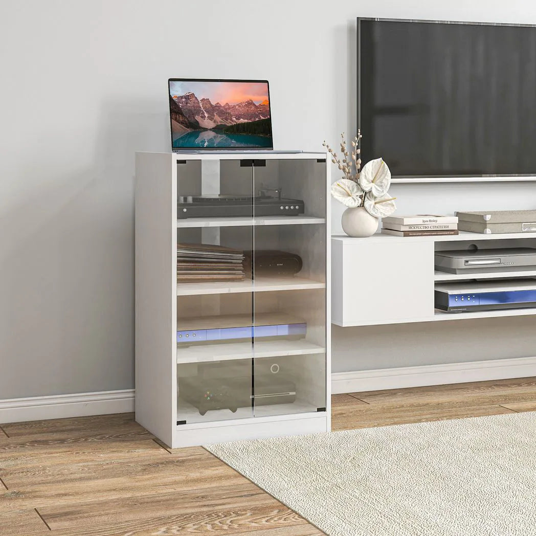 HOMCOM 4-Tier Hi-Fi Stand with Push-to-Open Glass Doors and Adjustable Shelves – Record Player Cabinet, White