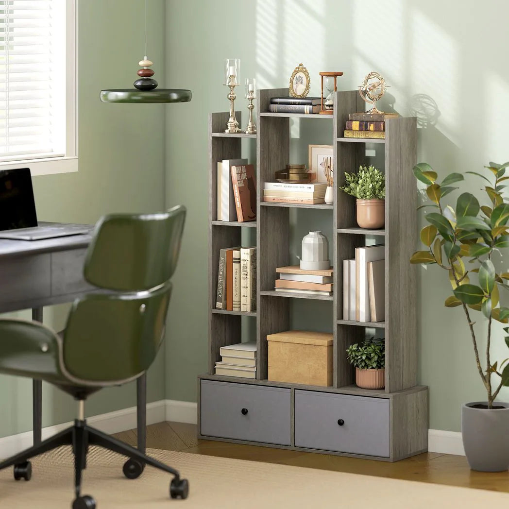 HOMCOM 12-Cube Storage Shelf Unit with 2 Removable Drawers – Bookcase for Living Room & Study, Graphite