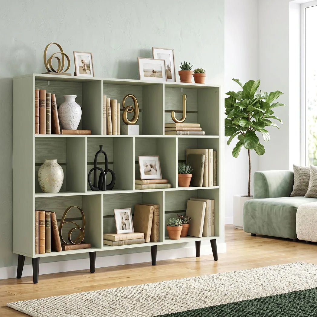 HOMCOM 10-Cube Bookcase with Solid Pine Legs & Anti-Tip Kit – 140 cm Nordic Bookshelf, Light Green